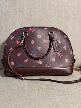 Coach Sierra Satchel Floral Print Oxblood Brown Crossbody F11919 Leather Trim